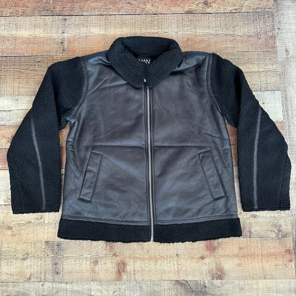 Boohoo Man black faux Leather look and borg bomber jacket men's L